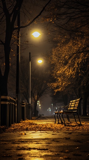 深秋的夜，冷清肃静，城市的街道，地面湿润，孤单的氛围，高高的路灯照着路面，，天上的月亮若隐若现，路边一排树，随着路延伸到画面尽头，近处的树下有木制的候车椅，椅子上侧坐着一个男人，孤单的身影，广角，高清实拍，32k，v6