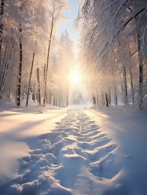 冬天雪景，小木透出灯光，史诗般的超现实景色