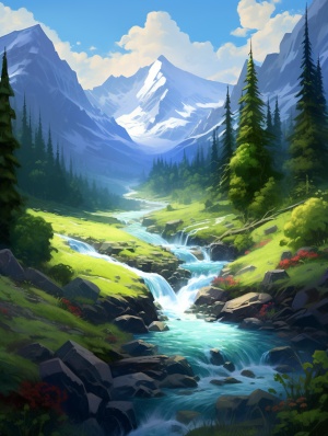 ：在一个美丽的山谷中，一条清澈的小溪穿过谷底，溪边的树上挂满了绿叶，远处的山峰上覆盖着白雪。阳光透过云层洒在大地上，形成了一道美丽的光线