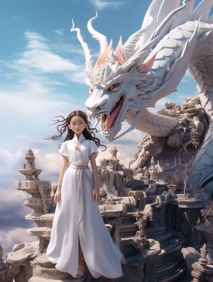 Drone view,In front of the relievo dragon stands a Chinese beautiful girl,12years old,white,wearing a gorgeous Hanfu,white,Chinese relievo dragon,dream scene, grand scene,minimalism,Chinese dragon,C4D rendering,Surrealism,meticulous design, asymmetrical balance,master works,movie lighting, Ultra HD, fine details, color grading.32K HDar 3:4v 6.0