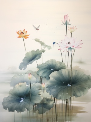荷花和蜻蜓飞过的中国纸卷，采用水墨画，精致的静物，驳船，精确的现实主义，柔和的有机，柔和的水墨画