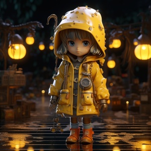 角色穿着两件雨衣和一条黄色的毯子，以发光的3d物体，nightcore，可爱的玩具雕塑，rtx on，pencilsteampunk的风格，可爱而多彩，寒冷而超然的气氛