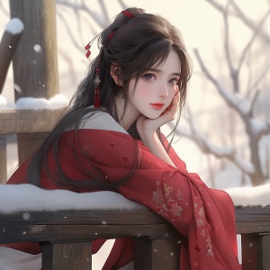 中国小女孩在冬天的房子和松柏树下自信微笑