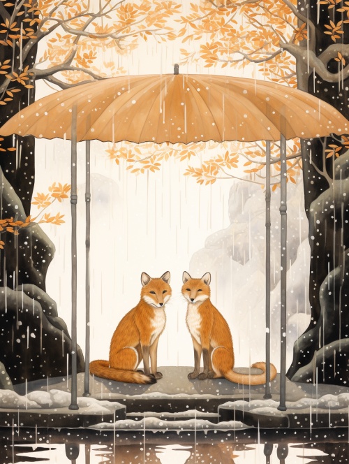 大雪天，下雨天，凉亭下，山林里，两只小狐狸相互依靠