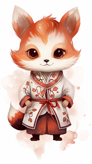 可爱拟人小狐狸穿传统服饰，正脸大眼圆嘟嘟