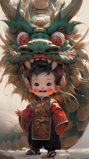 可爱拟人龙宝宝穿中国古典服饰的立正脸