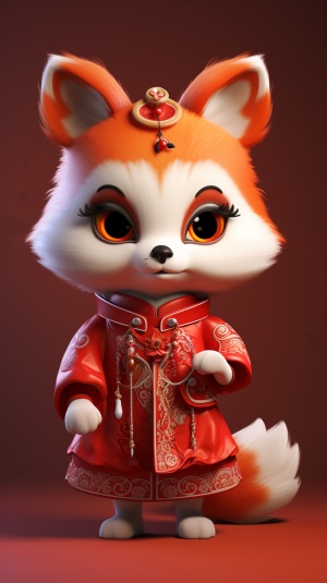 可爱拟人小狐狸穿传统服饰，正脸大眼圆嘟嘟