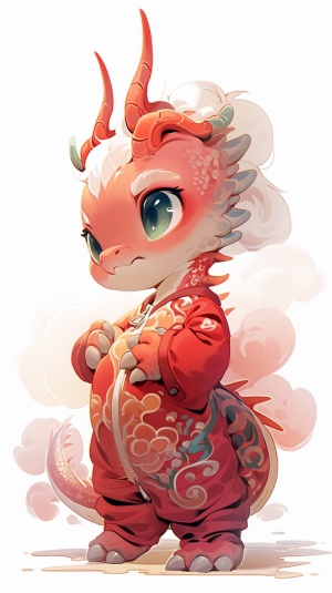 可爱的小龙宝宝，中国龙，拟人的手法，站立，穿着中国古典服饰的小龙宝宝，正脸，可爱，大眼睛，圆嘟嘟