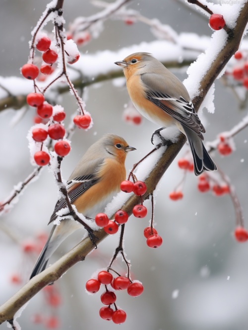 a hawthorn tree was covered with winter snow, and there were two little birds on the tree