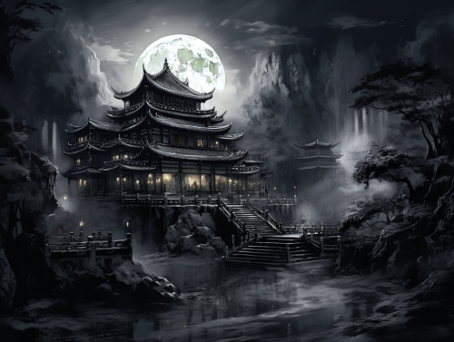 美玉砌成的楼宇，仙宫，很高很高，晚上的场景