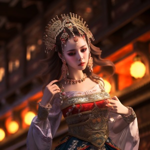 Best quality,masterpiece,ultra-detailed high res, (photorealistic:1.4),raw photo,,illustration, 1 girl dancing,(solo:1 .2),(cowboy shot:1.2),(hair crown:1.2),Traditional chinese dunhuang style clothes,Strapless,(red eyeliner:1.2),earrings,dynamic angle,Opera House,messy_long_hair,ink,cinematic lighti ng,lens_flare,Velvet,chrysanthemum,Tassel,Ribbon,color embroidery, ,dunhuang_style