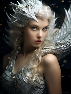 Dragon princess, great American style photo custom looking back, the skin is like snow, showing light luster, as if under the moonlight frost, pure and flawless. Her eyes were as deep as the brightest stars in the night sky, shining with wisdom. Her hair falls like a waterfall, every ray of hers sparkles like a black jade, her beauty is stifling v 6