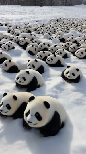一些熊猫雕塑在雪地里排成一行，采用照片般逼真的风景风格，32k超高清，由塑料、中国画、可爱的卡通设计、融化、有序对称制成