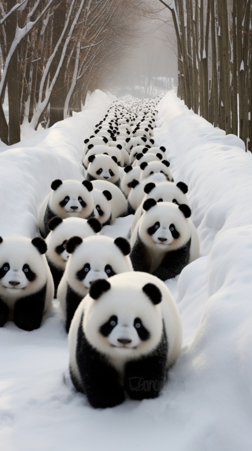 一些熊猫雕塑在雪地里排成一行，采用照片般逼真的风景风格，32k超高清，由塑料、中国画、可爱的卡通设计、融化、有序对称制成