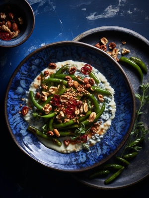 In the cozy corner of a modern kitchen, a beautiful blue and white porcelain bowl brims with a steaming, richly-hued Laba porridge. This traditional dish, a blend of red beans, green beans, peanuts, red dates, Job's tears, walnuts, lotus seeds, and Chinese wolfberries, is a culinary masterpiece. Each ingredient represents a unique aspect of prosperity and good fortune.The rich aroma of the porridge wafts through the air, promising a nourishing meal. The steam rises from the bowl, creating a warm and inv