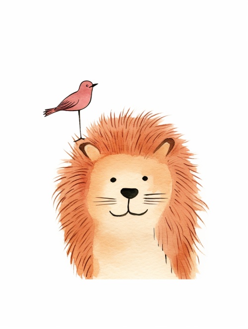 Small Joyful lion with a bird on its head by joey moya, in the style of minimalistic drawings, white background, ultrafine detail, creative commons attribution, mori kei, painted illustrations, serene faces ar 29:30 stylize 250 iw 2 v 6.0