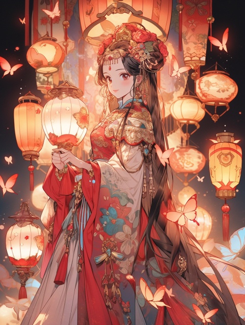 中国女孩，外貌清秀，手拎着灯，头上有一个大蝴蝶当装饰，蝴蝶是钻石模样，五彩斑斓还有点透明，上穿的裙子是古装，红色的古装
