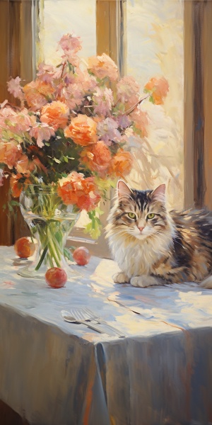 一只缅因猫坐在桌子上，靠近花朵的桌子上，油画风格，宁静的面孔，毛茸茸质感，超大师亲笔，高清