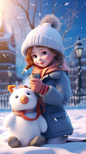 Little girl making a snowman in the university
