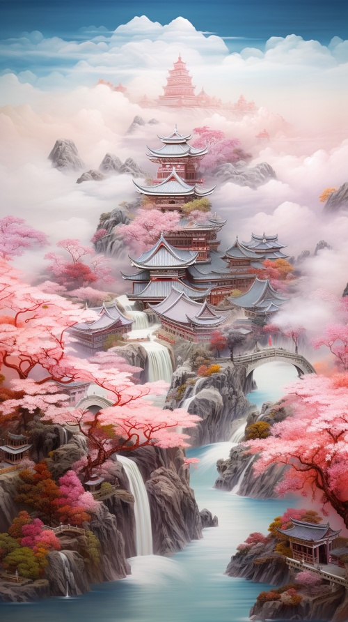 中国风，带有房屋，树木和河流的东方绘画，采用超现实的3d风景，樱花，详细的阴影，粉红色和橙色，纪念性壁画，angura kei，准确而详细的风格