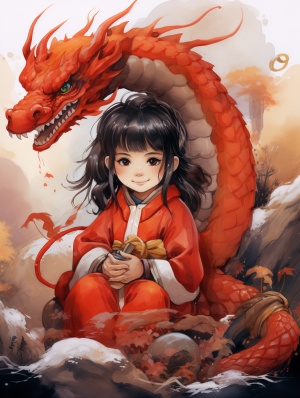 中国传统画风，动漫人物，身穿红色毛衣戴着围巾的小女孩坐在一只可爱的龙上，喜庆，热闹