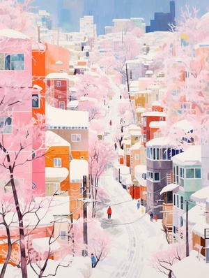 Snowy City: A Vibrant and Lively Mid-century Illustration