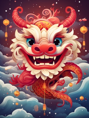 二次元卡通可爱的中国龙在天空飞翔，面带微笑，天空中有红色的烟花，喜庆。