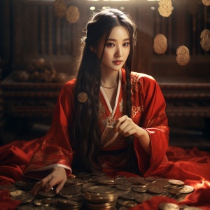 穿红衣服的，编麻花辫的，中国女道士，星盘，金币，金光