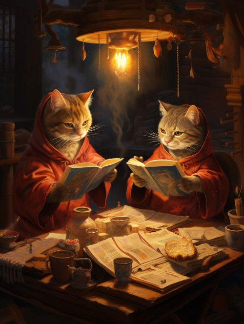 两只穿着中国古代衣服的猫面对面,看书,屋内烛火摇曳，映照出忧虑而期待的脸庞，桌上摆放着家训古籍和龚自珍已发表的文章草稿