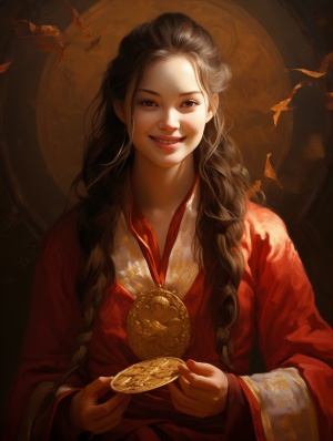 穿红衣服的，编麻花辫的，微笑，中国女道士，星盘，金币，金光