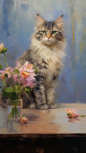 油画风格的宁静面孔——缅因猫坐在靠近花朵的桌子上