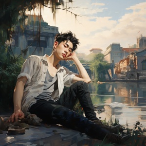 年轻帅气男子河边畅饮，大河旁的现代化城市