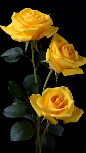 黑色背景中黄色玫瑰花的细腻之美