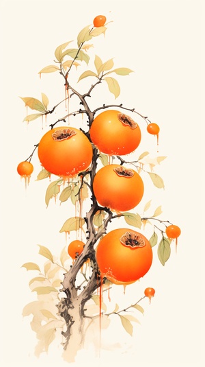 Hand-drawn Sketch of Chinese Persimmons with Branches and Leaves