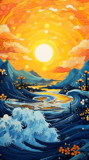 梵高星空，美丽的黄色山脉，蜿蜒曲折，橙、青色的大海，白色的雪莲花穿过冰山屏障抽牙，开放。中国风风格，精细的，8k