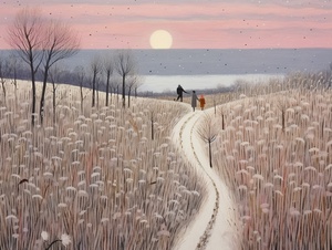 Romantic Moonlit Seascapes: A Couple's Walk near Tall Grass