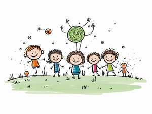 Children playing on grass in simple stick figure style