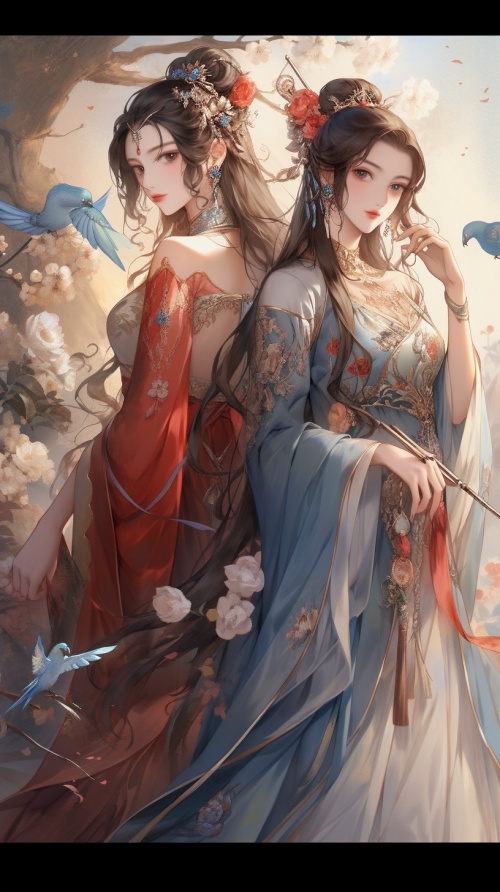 两个身穿古汉装的女子，一个穿蓝色长裙，一个穿红色长裙，中国古汉代传统服饰，温婉大方，秀外慧中，眉目清秀，束发，中国古汉代服