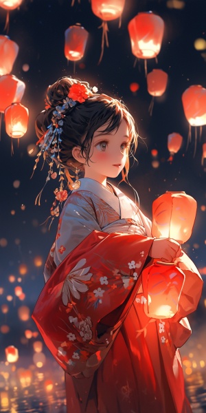 一个漂亮可爱的小女孩，穿着红蓝汉服，手拿烟花，金币从天而降，背景有红色的小灯笼，有点点星光，精致的细节，现实主义，虚化背景