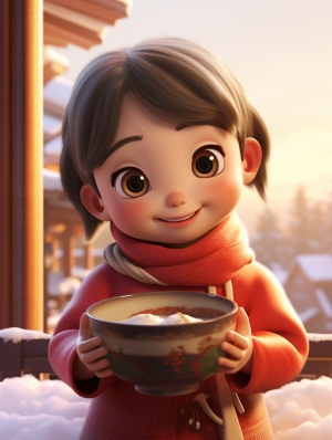 Chinese Style Baby Girl with Steaming Laba Porridge