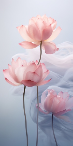 Close-up, lowered head, lotuses made of smoke, floating in the air, by akos major,abstract, motion blur, frozen moment, stunning imagination, 粉色和金色, dissipate, as silky as water