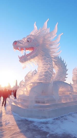 广角拍摄哈尔滨冰雕与中国龙高大映炫彩天空