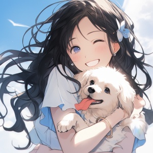 白天，阳光灿烂，蓝色衣服，黑色长发，抱着白色小狗，笑容明媚，温柔