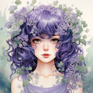 Front view of a happy girl with bluebell face, illustrated with delicate details and soft pastel colors