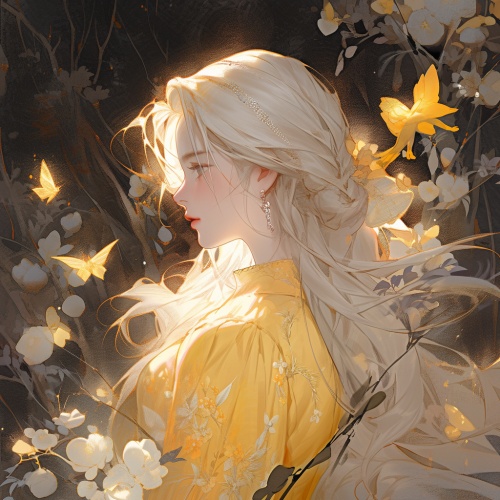 这位女士穿着黄色连衣裙，留着长长的白发，有着黑暗浪漫的插图，工笔，夜色，精致的花朵，镜像的境界，宁静的面孔，禅宗的风格，古典风格