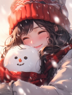Semi-realistic snow man, red scarf, warm atmosphere，blue，yellow, in the style of 32k uhd, happy smile