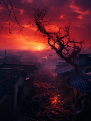 Vibrant Red Sunset: A Fusion of Chinese Tradition and Japanese Renaissance