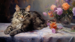 🎈今日描述词：一只缅因猫坐在桌子上，靠近花朵的桌子上，油画风格，宁静的面孔，毛茸茸质感