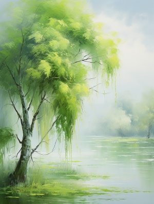 垂柳树画diy房屋艺术墙装饰在家里，在中国传统的风景风格，浅翡翠和绿色，怀旧绘画，杰夫罗兰，精心渲染的风景，花卉和自然图案，详细的树叶，洒入的阳光