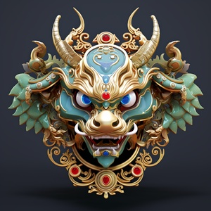 A delicate and adorable Chinese dragon IP avatar, a festive Chinese dragon head with auspicious elements such as jewelry and jade stones. It faces forward with a pleasant expression, exquisite and unique realistic style. There is a simple circular pattern of Chinese texture around it, giving a strong sense of texture. The blue, green, red, and gold decorations are beautifully crafted in high-definition images. The cute shape brings a joyful feeling. The white background adopts the pure color background from